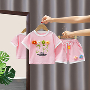 女童夏季短袖运动套装，儿童2023网红洋气宝宝，夏装女童花朵衣服