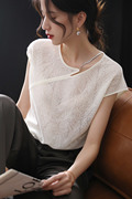 白色镂空针织衫上衣女，设计感小众亮丝提花法式薄针织短袖t恤小衫