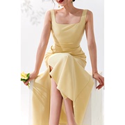 美妃黄色法式气质，收腰长款别致洋气吊带，连衣裙2023夏季女