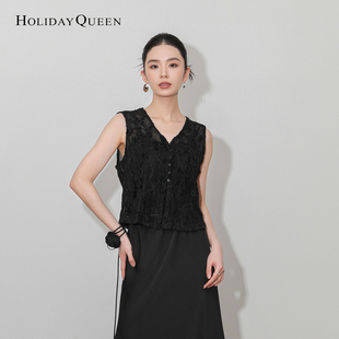 holidayqueen设计感黑色蕾丝，上衣镂空钩花背心，单排扣短款坎肩女