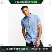 香港直邮潮奢 ASOS 男士设计短袖紧身浅水洗蓝色牛仔布衬衫