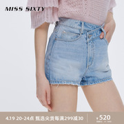 misssixty天使系列纯棉牛仔短裤，女斜门襟设计毛边热裤百搭气质
