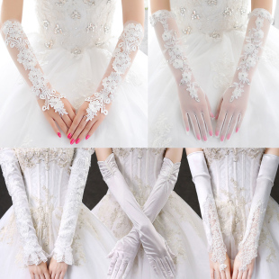 新娘手套婚纱手纱长款白色结(白色结)婚礼服手袖蕾丝韩式秋冬季缎面红色仙