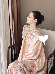新中式国风禅意改良旗袍新娘晨袍高端女装轻奢粉色印花连衣裙长裙