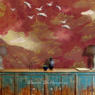 现代暗红色仙鹤国风壁纸中式墙纸，卧室客厅无纺布定制壁画无缝墙布