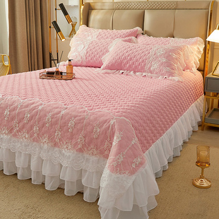 韩版粉色夹棉床单单件少女心蕾丝，花边床罩裙，公主风加厚床盖三件套