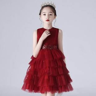 红色儿童礼服小女孩主持人走秀钢琴，演出蓬蓬纱公主裙花童婚礼秋季