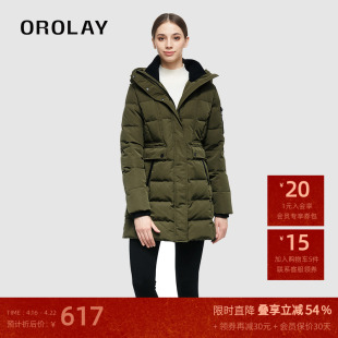 OROLAY欧绒莱23年冬季工装风连帽修身加厚中长款派克羽绒服女