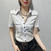 欧货气质白衬衫女短袖工作服，2023韩版修身显瘦面试装制服衬衣