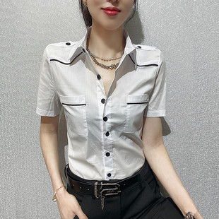 欧货气质白衬衫女短袖工作服2023韩版修身显瘦面试装制服衬衣