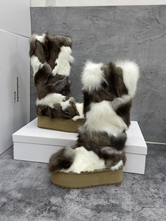 2023冬季狐狸皮毛长筒雪地靴厚底保暖直筒羊皮毛增高毛毛女靴