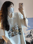 南极人白色短袖2024年夏季女生t恤衫设计感小众卡通polo领宽