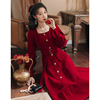 红色连衣裙女收腰气质法式丝绒长裙，秋冬季红裙子结婚订婚平时可穿