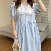 韩国chic减龄温柔奶软蓝娃娃领撞色设计宽松中长款泡泡袖连衣裙女