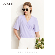 amii2024夏新中式风v领斜襟四分袖，白衬衫女短款交襟上衣衬衣