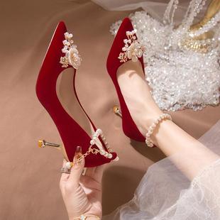 红色婚鞋女秀禾服婚纱两穿细高跟新娘鞋孕妇敬酒礼服鞋