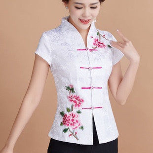 中年女夏改良唐装短袖套装妈妈汉服刺绣中国风复古民族风棉麻上衣