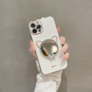 猫耳朵水钻补妆镜子苹果15pro适用iPhone14手机壳13/12/11ProMax超薄软硅胶X/XR/XS全包防摔保护套网红女