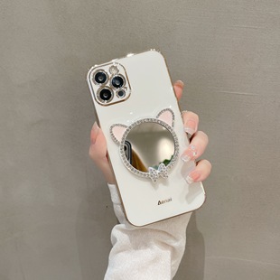猫耳朵水钻补妆镜子苹果15pro适用iphone14手机壳，131211promax超薄软硅胶，xxrxs全包防摔保护套网红女