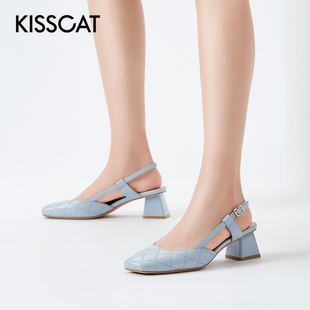 kisscat接吻猫夏季大方头，羊皮一字扣带粗跟时装凉鞋女ka21111-14