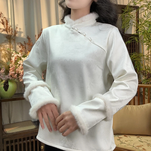 新中式白色盘扣打底衬衫女款秋冬超好看唐装国风内搭加绒上衣