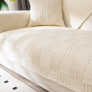 全棉沙发垫四季简约通用布艺防滑实木绗缝垫纯棉套罩巾米白色夏季