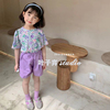 韩版儿童上衣夏女童洋气碎花纯棉T恤淡紫色花苞短裤甜美套装