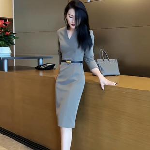 秋季2023干练气质女装法式高级感高端精致正式场合灰色连衣裙