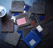 小意趣日式boro手工，刺子绣柿染棉麻，方形杯垫铁壶隔热垫老布茶