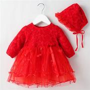 婴儿连衣裙秋季公主长袖服装红色一岁女宝宝衣服周岁礼服女宝裙子