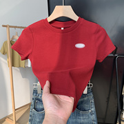针织T恤女夏季薄款红色美式正肩短袖内搭打底衫小众修身辣妹上衣