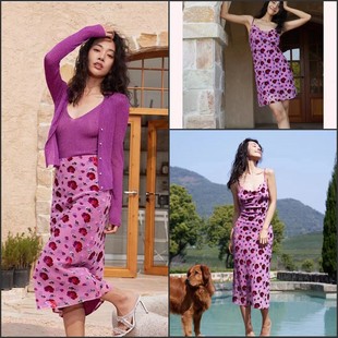 25%真丝75%粘胶玫紫色植绒玫瑰中长半身裙+吊带短裙+吊带长裙