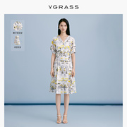 VGRASS黄色印花收腰衬衫连衣裙女夏季腰带长裙VSL2O23850