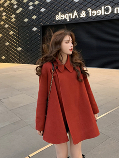 复古红色斗篷双面羊绒大衣女，短款小个子a字，秋冬羊毛呢子西装外套
