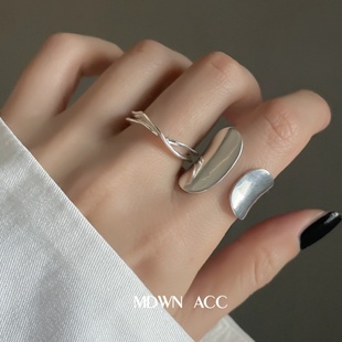 韩版s925银几何不规则宽边戒指，女复古时尚重工，嘻哈朋克开口食指环