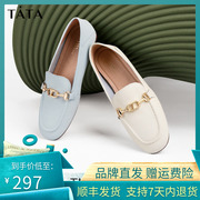 Tata他她圆头牛皮乐福鞋女平跟单鞋一脚蹬皮鞋2023春7QC36AA3