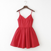欧美复古纯色大红色超大裙摆蓬蓬收腰吊带裙连衣裙，打底裙夏季