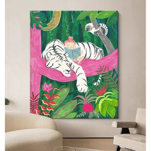 手绘当代艺术油画老虎与少女奶油风客厅小众挂画北欧文艺范装饰画