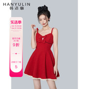 韩语琳红色吊带连衣裙女春装富家千金短裙子新年战袍两件套装