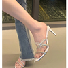 rc水钻凉鞋~2023夏季蝴蝶结，一字带细跟拖鞋女外穿时尚高跟鞋