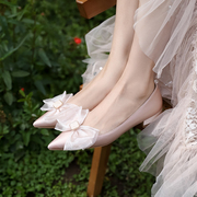 lusen平底婚纱鞋2024夏香槟(夏香槟，)温柔低跟仙，女鞋伴娘日常可穿大码婚鞋