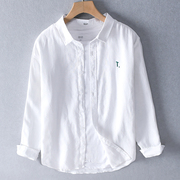 亚麻刺绣白衬衫男夏季薄款长袖，休闲上衣日系简约百搭宽松棉麻衬衣