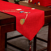 新中式棉麻绣花桌旗餐桌垫子床旗定制盖布防滑古典茶几电视柜布
