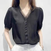 黑色v领雪纺衬衫女2023夏心机(夏心机)蕾丝泡泡，袖减龄设计感小众上衣
