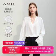 amii2024春v领绑带立体蕾丝，花边喇叭袖雪纺衫女仙女风上衣