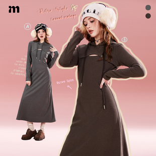 imone灰咖色不规则设计卫衣连衣裙女2023冬季假两件连帽裙子