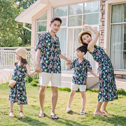 海边度假亲子装一家三口太阳花女童沙滩裙母女装男童短袖衬衫套装
