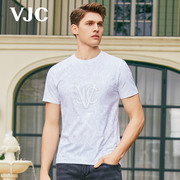 VJC/威杰思2024年夏季男装纯白短袖T恤烫钻字母休闲上衣