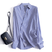 斜门襟设计感~抗皱棉蓝色条纹衬衫，女时髦高支小众宽松慵懒衬衣潮