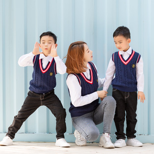 儿童毛线背心男童学院风加绒坎肩纯棉小学生校服女童针织毛衣马甲